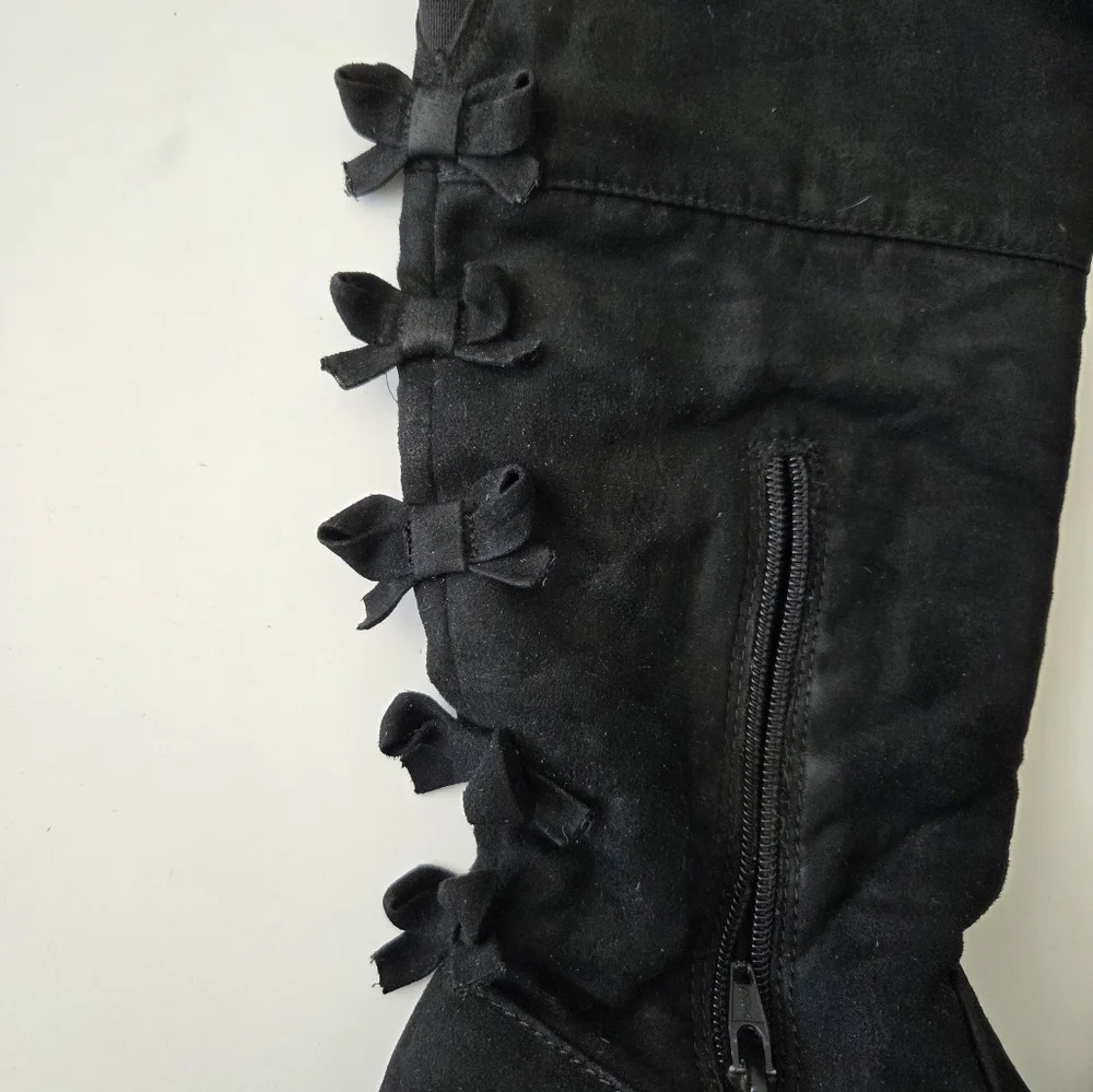 Cat & Jack Girls Knee High Riding Boots Size 2 Bow Back Zip-Up Faux‎ Suede Black